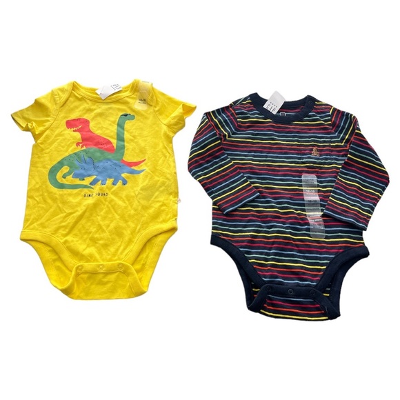 Gap 2 Bundle of Onesies Dinosaur Stripes Yellow Blue Size 12-18 Months - Picture 1 of 9